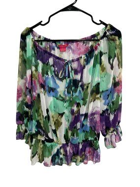 Sunny Leigh XL Multicolor Floral Peasant Blouse Ruffle Hem Sleeve Boho Chic